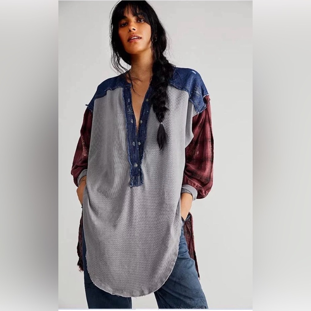 Free People We The Free Plaid Extravaganza Pieced Denim Top in Red Blue Grey XS